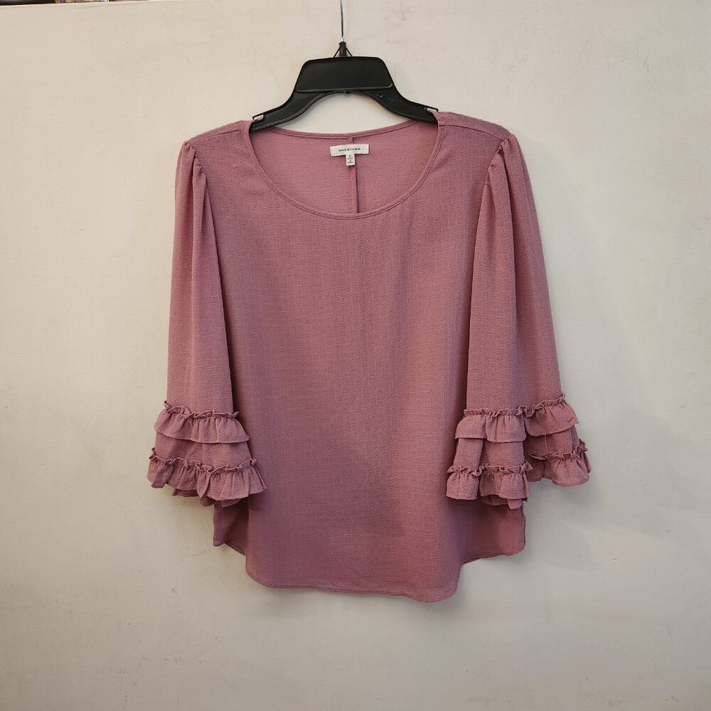 Max Studio Mauve Blouse Top Size Small 3/4 Ruffle Sleeves Semi Sheer